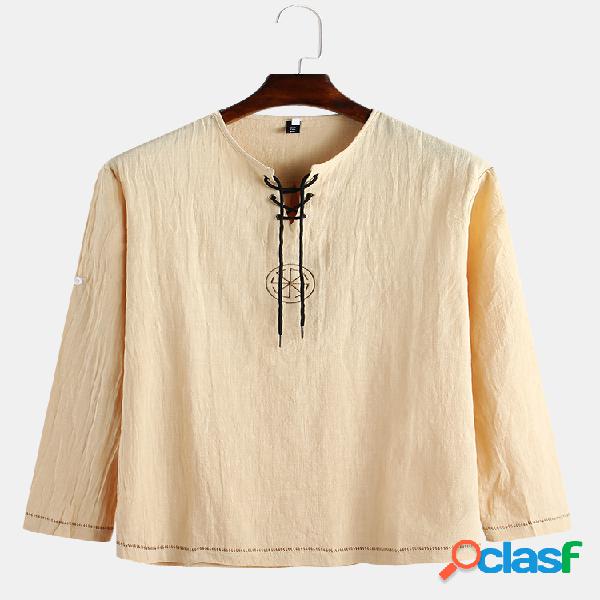 Bordado para hombre Patrón Henley liso de manga larga con
