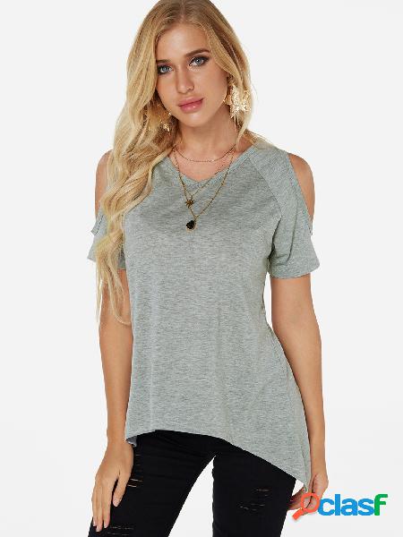 Camiseta de dobladillo irregular de hombro frío gris claro