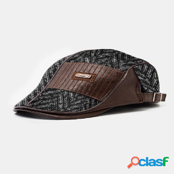 Hombres de lana de cuero Patchwork moda boina gorra plana