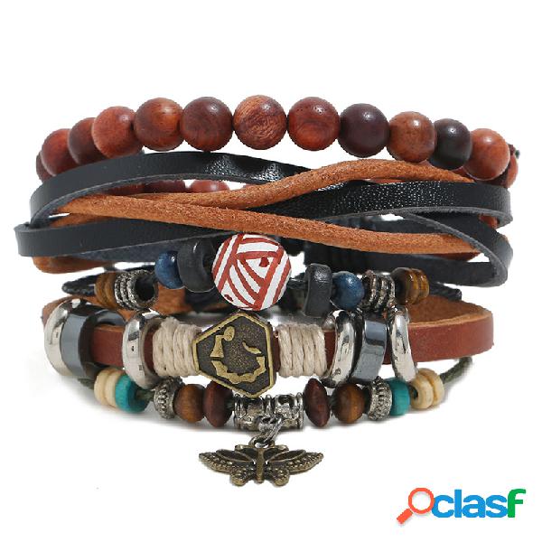 Punk vendimia Pulsera multicapa de cuero tejido Pulsera de