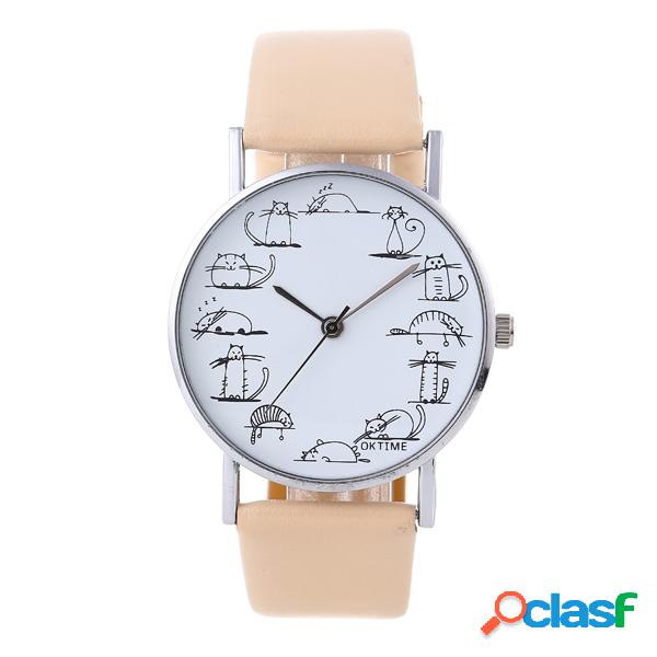 Reloj de cuarzo casual estampado de gato de cuero