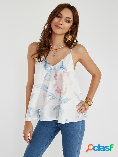 Top Cami con cuello en V y estampado floral blanco al azar