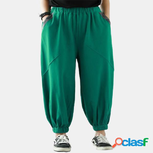 Color sólido cintura elástica Pantalones con bolsillo