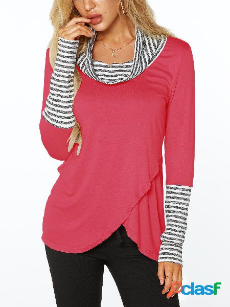 Rose Roll Neck Stripe Detalles Overlay Front T-shirts