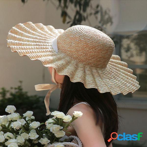 Wave Side Lace Straw Straw Sombrero Mujer Summer Dome Shell