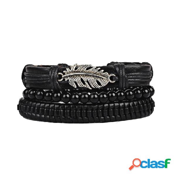 3 piezas / Set punk negro pulsera de cuero tejido multicapa