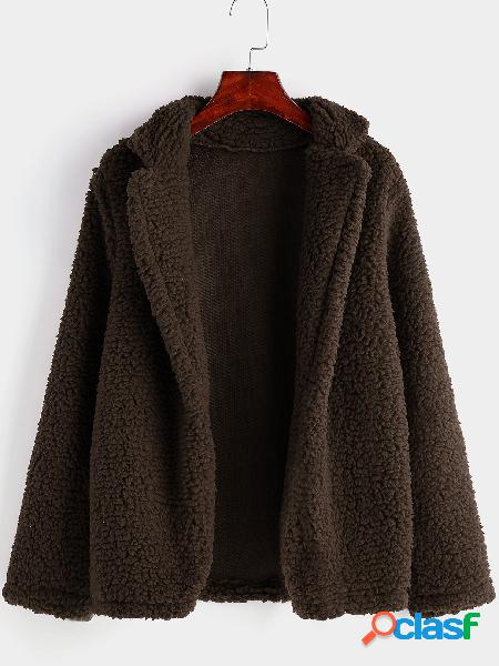 Cuello de solapa de café manga larga abrigo de peluche de