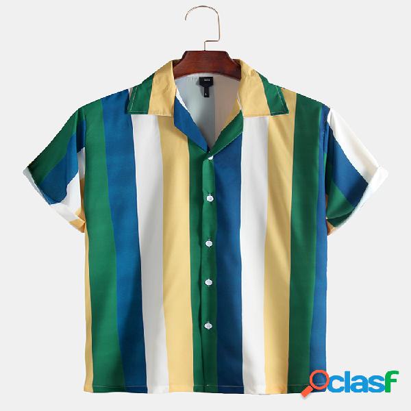 Hombre manga corta casual a rayas verde lima Camisa