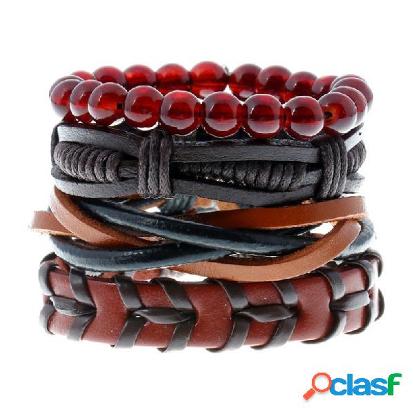 Punk 4 UNIDS Brazalete Pulsera De Cuero De Múltiples Capas