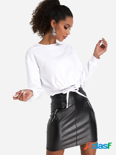 Sudadera blanca de manga larga con cuello redondo de manga