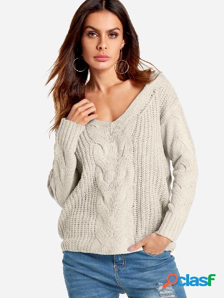 Beige cuello en V mangas largas Causal Puente suelto