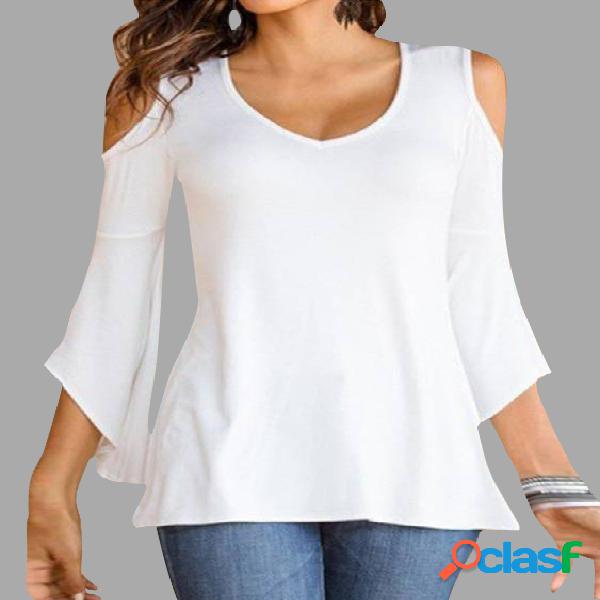 Blanco con cuello en V Hombro frío mangas Flared T-shirt