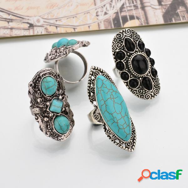 Bohemia Retro Azul Turquesa Anillos Astilla Tallada Mujer