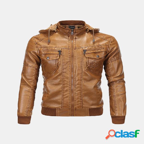 Chaqueta de cuero con capucha desmontable con capucha y