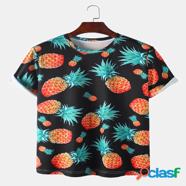 Hombre Allover Pineapple Print Casual Loose Light O-Neck