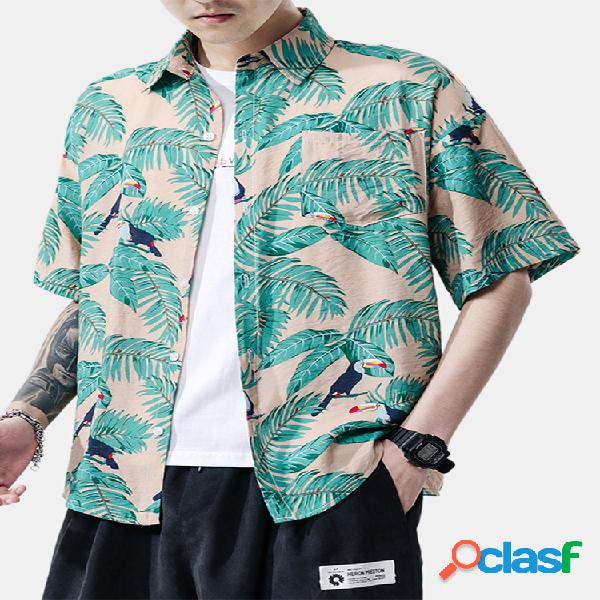 Mens Parrot & Hoja Impreso Camisas casuales de manga corta