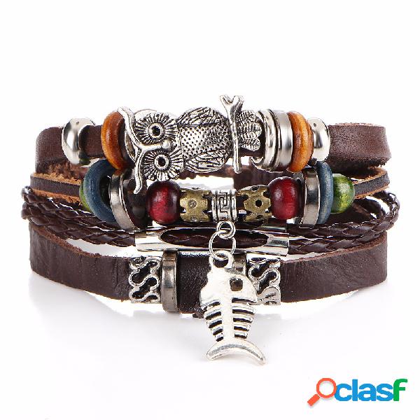 Pulsera Retro Owl Fish Multi Layer Pulsera tejida de cuero