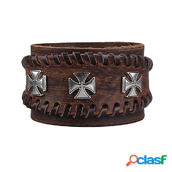 Punk Cross Charm pulsera de brazalete de cuero genuino