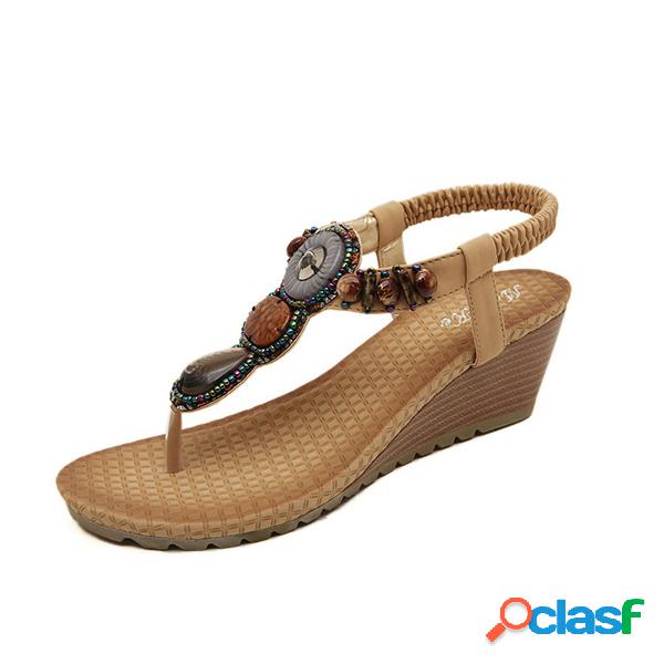 Sandalias bohemias elásticas con perlas de puntera con clip