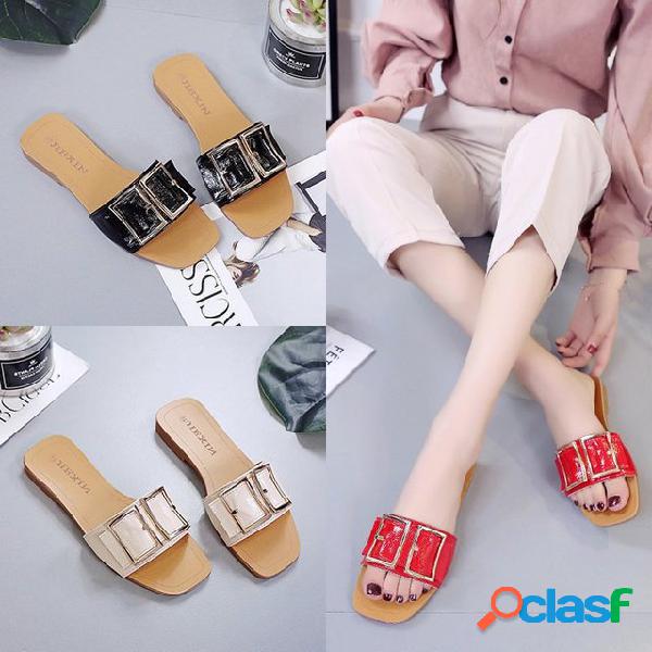 Season New Flat Bottom Sandalias Mujer Wild Metal Buckle