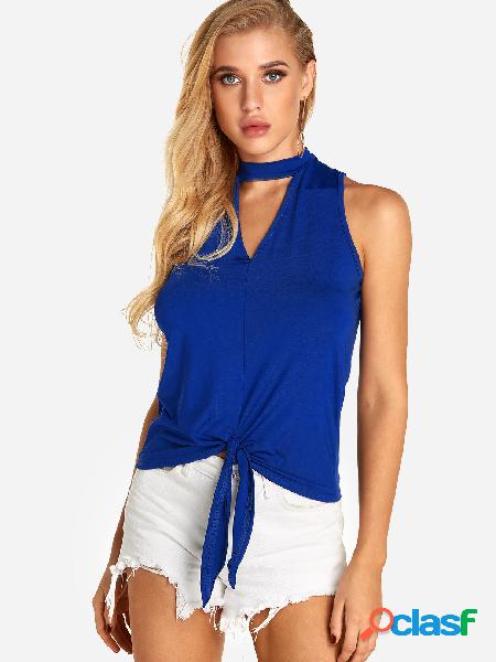 Blue Cut Out Plain Halter Lace Up Diseño Camis