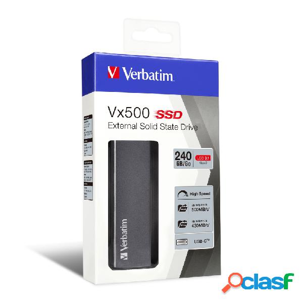 SSD Externo Verbatim Vx500, 240GB, USB-C, Plata