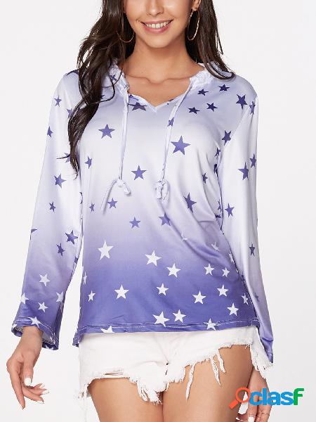 Blue Stars Print Gradient Drawstring manga larga camiseta