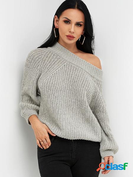 Grey Cable Knit Plain Off The Shoulder Long Sleeves Suelto
