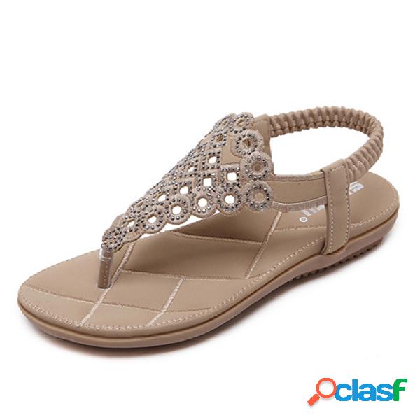 Mujer Bohemia Playa Rhinestone Hollow Clip Toe Flat