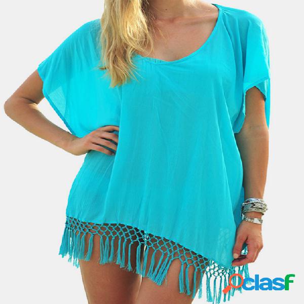 Mujer Tassel Over Head Beachwear Plain Irregular Bat Sleeve