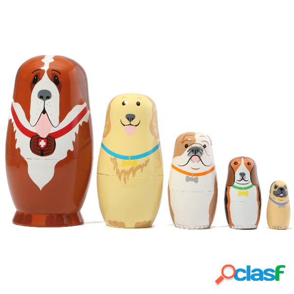 5 piezas de muñecas rusas de madera para anidar perros