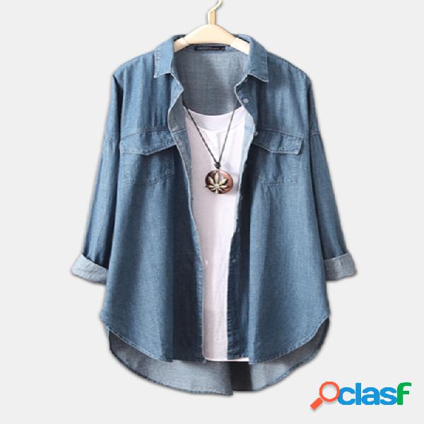 Denim asimétrico de manga larga Plus Talla Camisa para