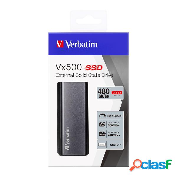 SSD Externo Verbatim Vx500, 480GB, USB-C, Plata