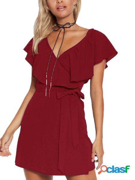 Burgundy V-Neck Flounced diseño de la cintura de la cintura