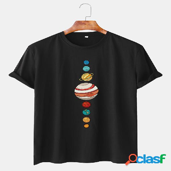 Hombre Colorful Planet Printed Cotton Casual Round Cuello