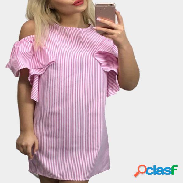 Pink Stripe Cold Hombro Flouncy Detalles Vestido