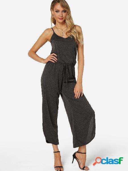 Dark Grey Spaghetti Splited Design Tight Waist Playsuits