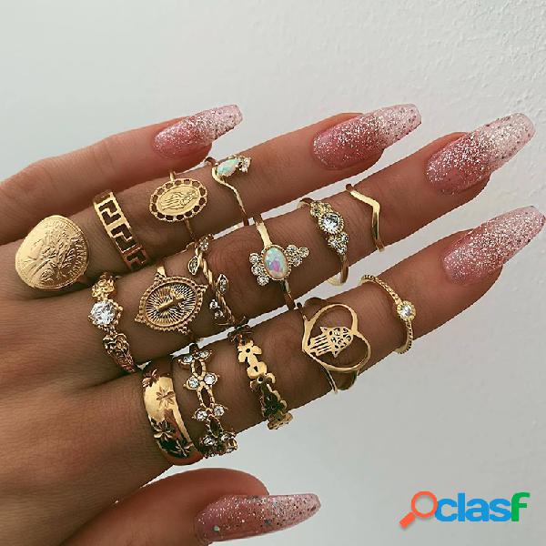 15Pcs vendimia Anillos de avatar de belleza de metal hueco