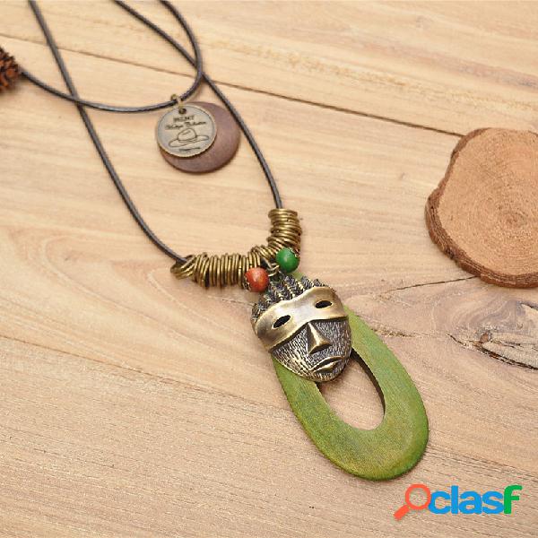 Retro Oval Hollow Wood Colgante Cera Cuerda Collar
