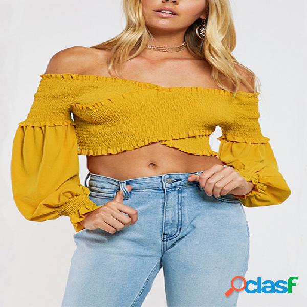 Amarillo fuera de la hombrera mangas linterna Crop Top