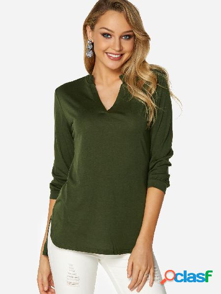 Llanura verde con cuello en v 3/4 mangas de la longitud