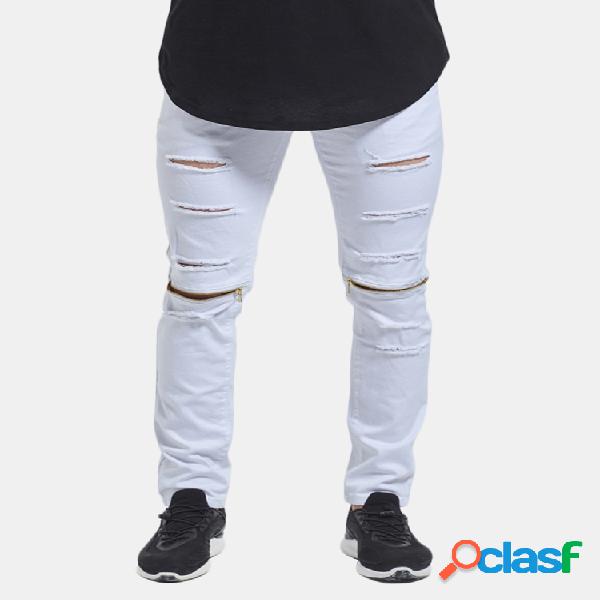 Skinny Hip Hop Ripped Holes Knee Zipper Jeans para hombres