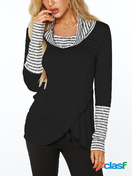 Black Roll Neck Stripe Detalles Overlay Front T-shirts