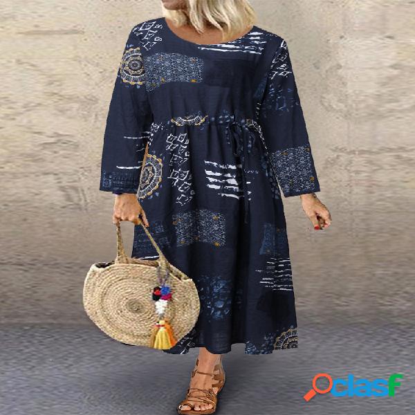 Ehnic Print Draw String O-cuello Manga larga Plus Talla