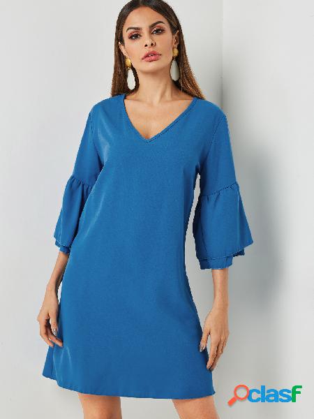 Blue V-neck Bell Sleeves Dress