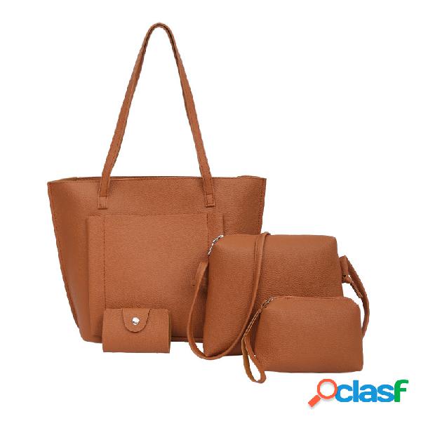 Mujer Bolso de cuero PU Set 4 piezas Totalizador sólido