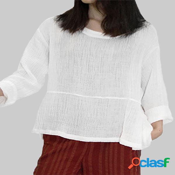 vendimia Blusa de color liso con mangas largas Plus
