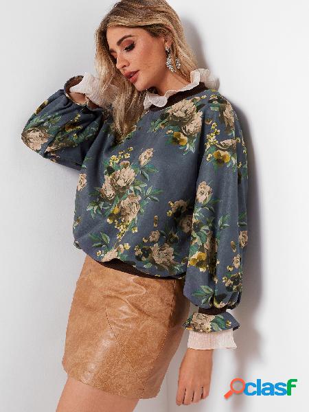 Sudadera azul con cuello redondo y estampado floral al azar