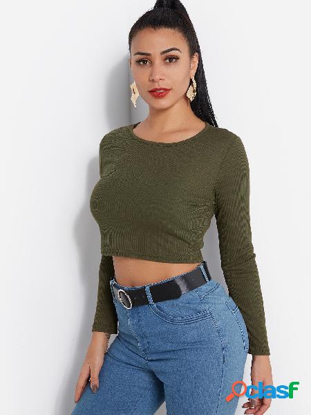 Camiseta lisa con cuello redondo manga larga recortada verde