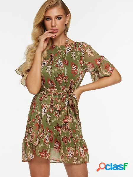 Mini vestido floral al azar verde con medias mangas